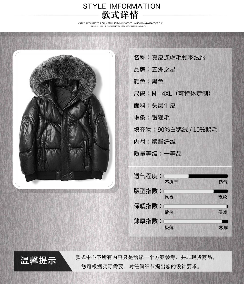 真皮連帽毛領羽絨服—款式詳情